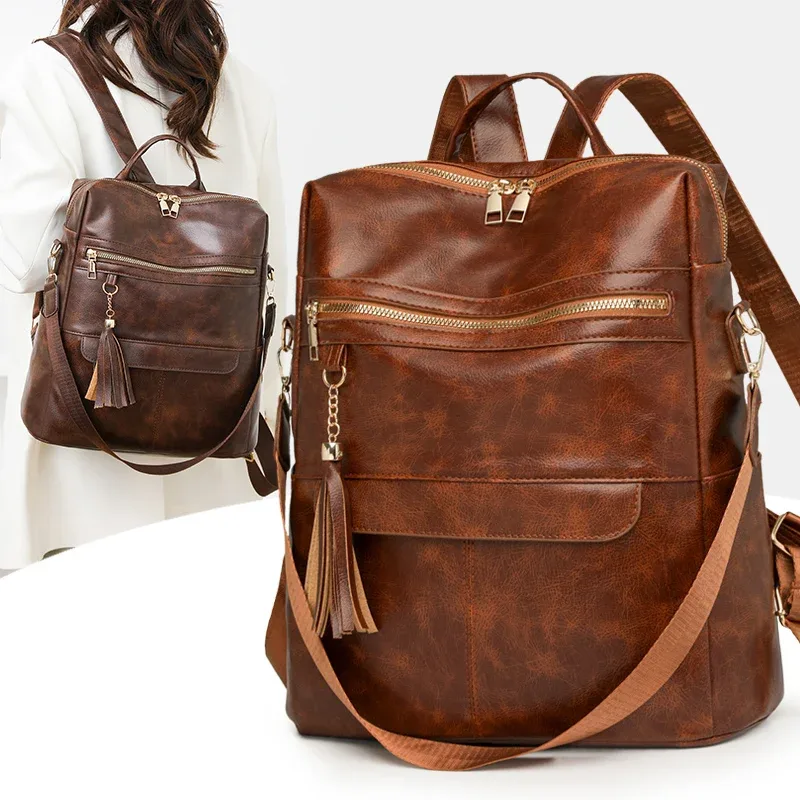 Mode gland décoration femmes sac à dos célèbre marque rétro en cuir PU voyage sac à dos dames grande capacité sac à bandoulière