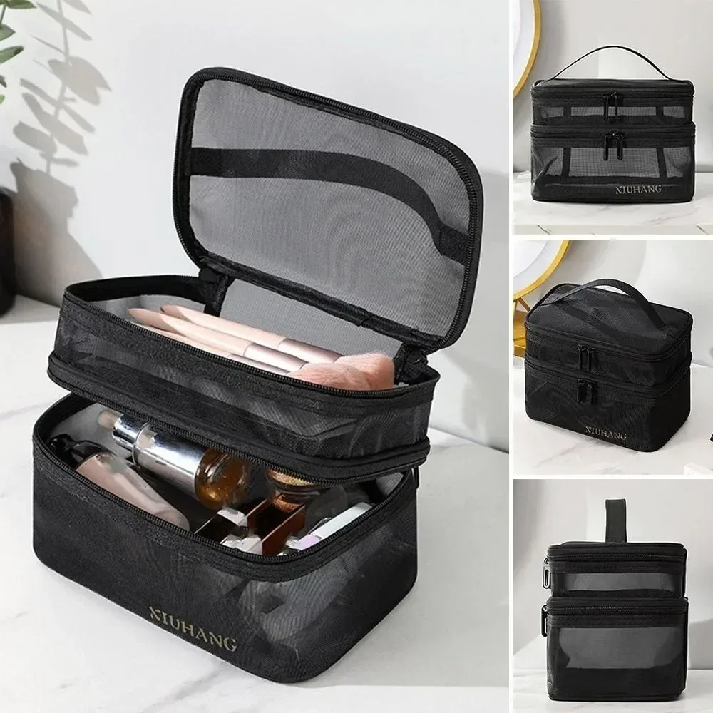 Sac de voyage en maille transparente pour femmes, sac de rangement pour cosmétiques, trousse de toilette à 2 couches, sac de rangement de grande capacité pour maquillage