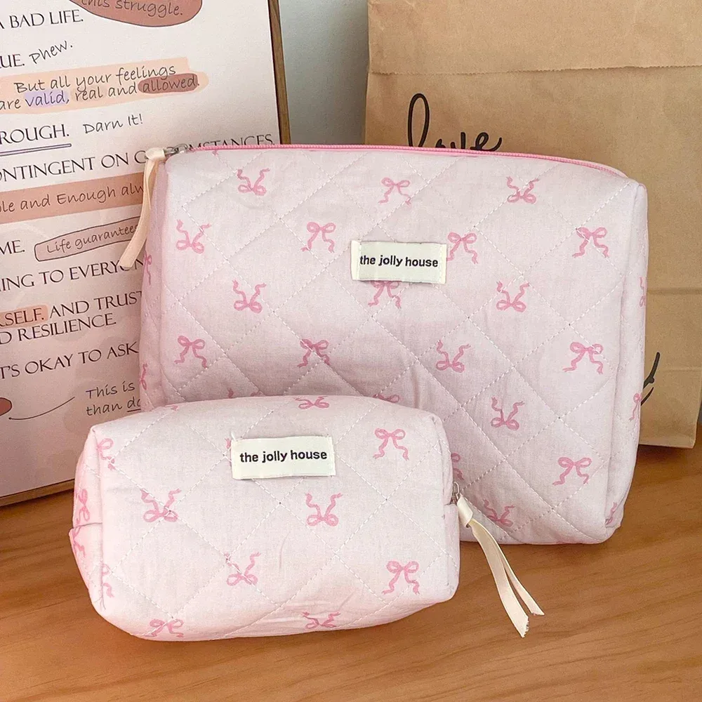 3 pièces grand + moyen + petit nœud papillon rose matelassé femmes sacs à cosmétiques portable fermeture éclair maquillage voyage organisateur sac à main pochette de toilette