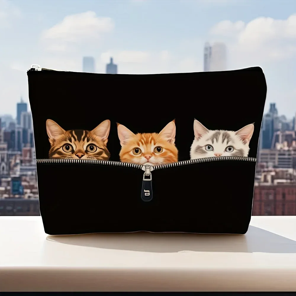 sac de maquillage à imprimé chat mignon - pochette multifonctionnelle à fermeture éclair, sac de rangement pour bijoux, petit sac de rangement de voyage à fermeture éclair parfait.