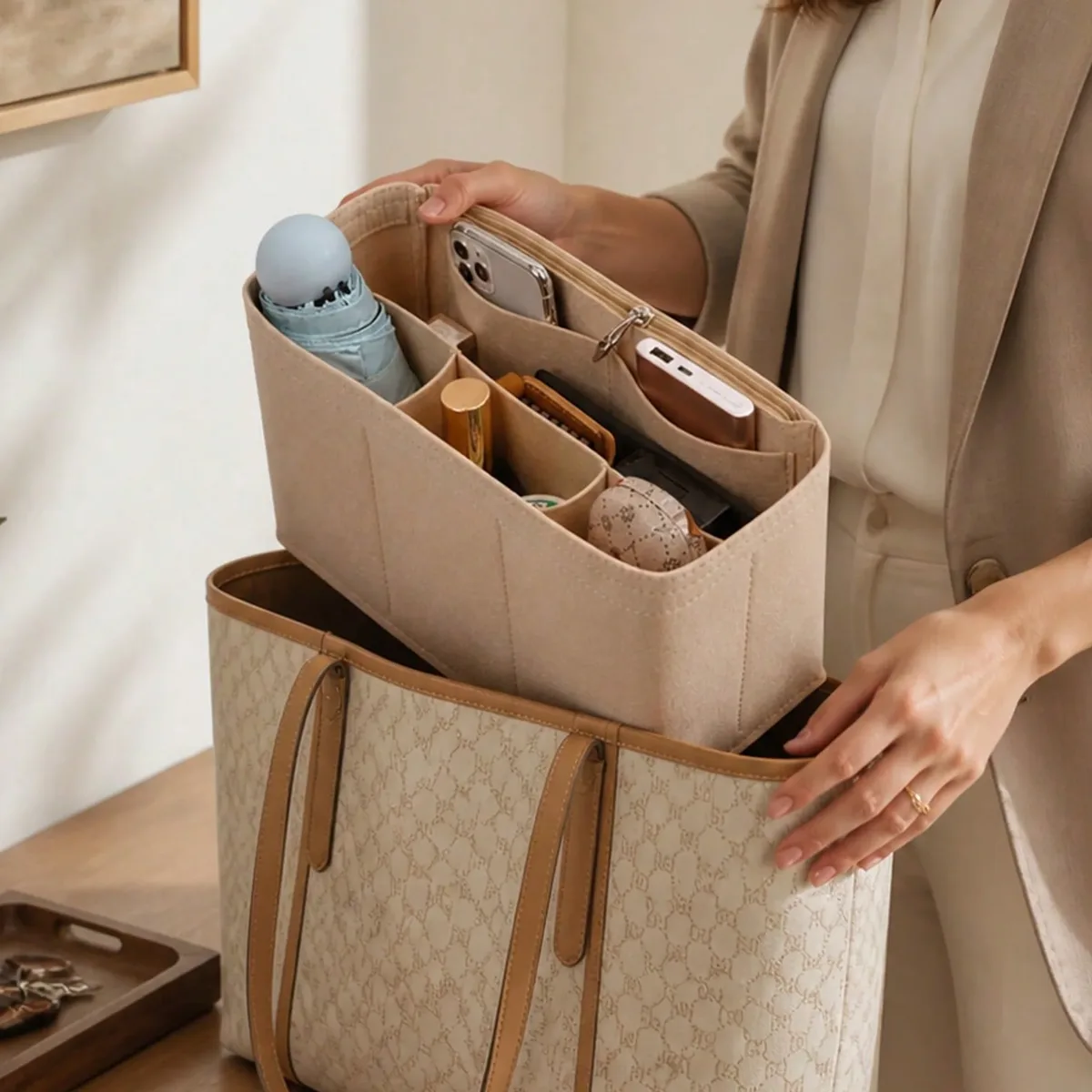 organisateur de sac fourre-tout en feutre avec fermeture éclair, séparateur de sac à main pour l'intérieur du sac, compatible avec les sacs fourre-tout longchamp neverfull speedy