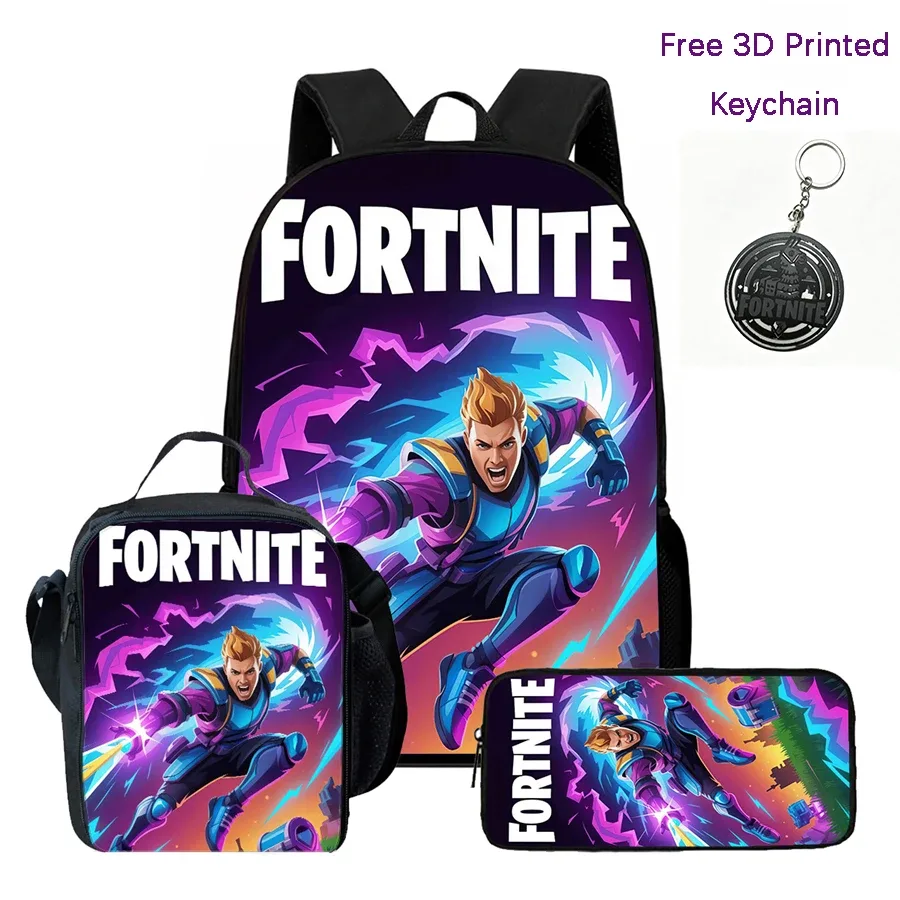 ensemble de 3 sacs à dos pour enfants, sac à lunch et trousse à crayons, sac fortnite à motif de dessin animé, léger pour garçons et filles de 6 à 10 ans, porte-clés imprimé en 3d gratuit