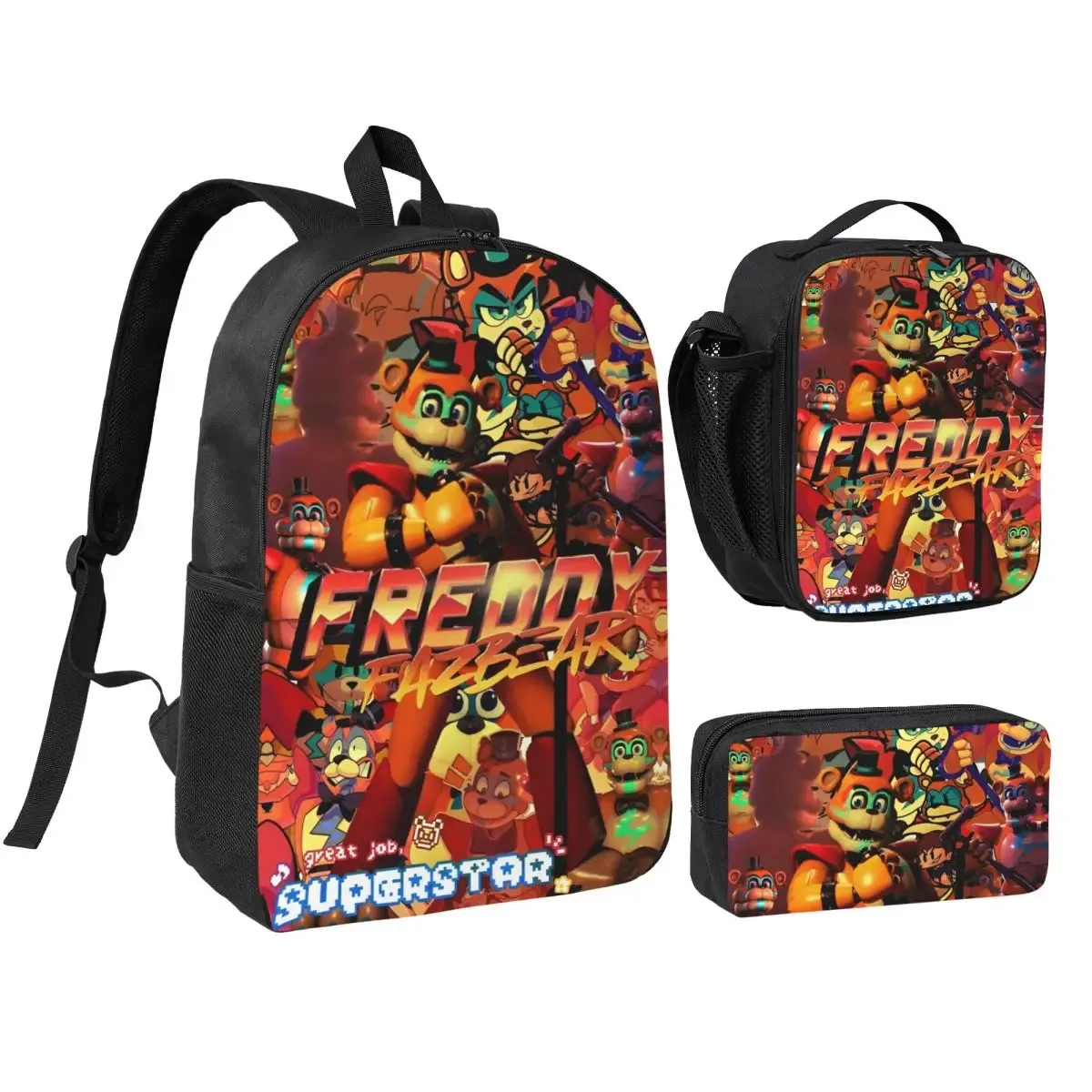 3pecs/ensemble glamrock fnaf sac à dos de jeu vidéo pour étudiant retour à l'école sacs en toile sac à déjeuner trousse à crayons
