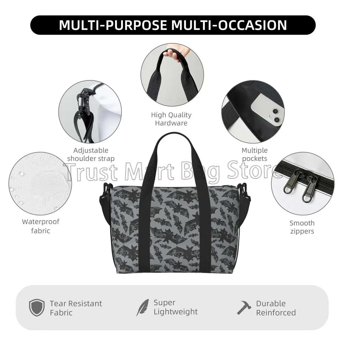 goth halloween chauves-souris imprimer sac de sport chauves-souris noires animaux volants sacs de voyage de nuit sac à bagages sacs de week-end pour femmes hommes