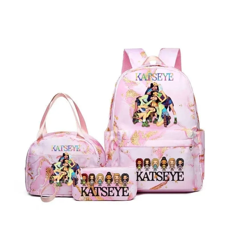sacs à dos katseye à imprimé amusant avec sacs à lunch, multi-poches, camouflage, pour adolescents, sac à dos de voyage pour ordinateur portable, sac d'école pour femmes, mochila