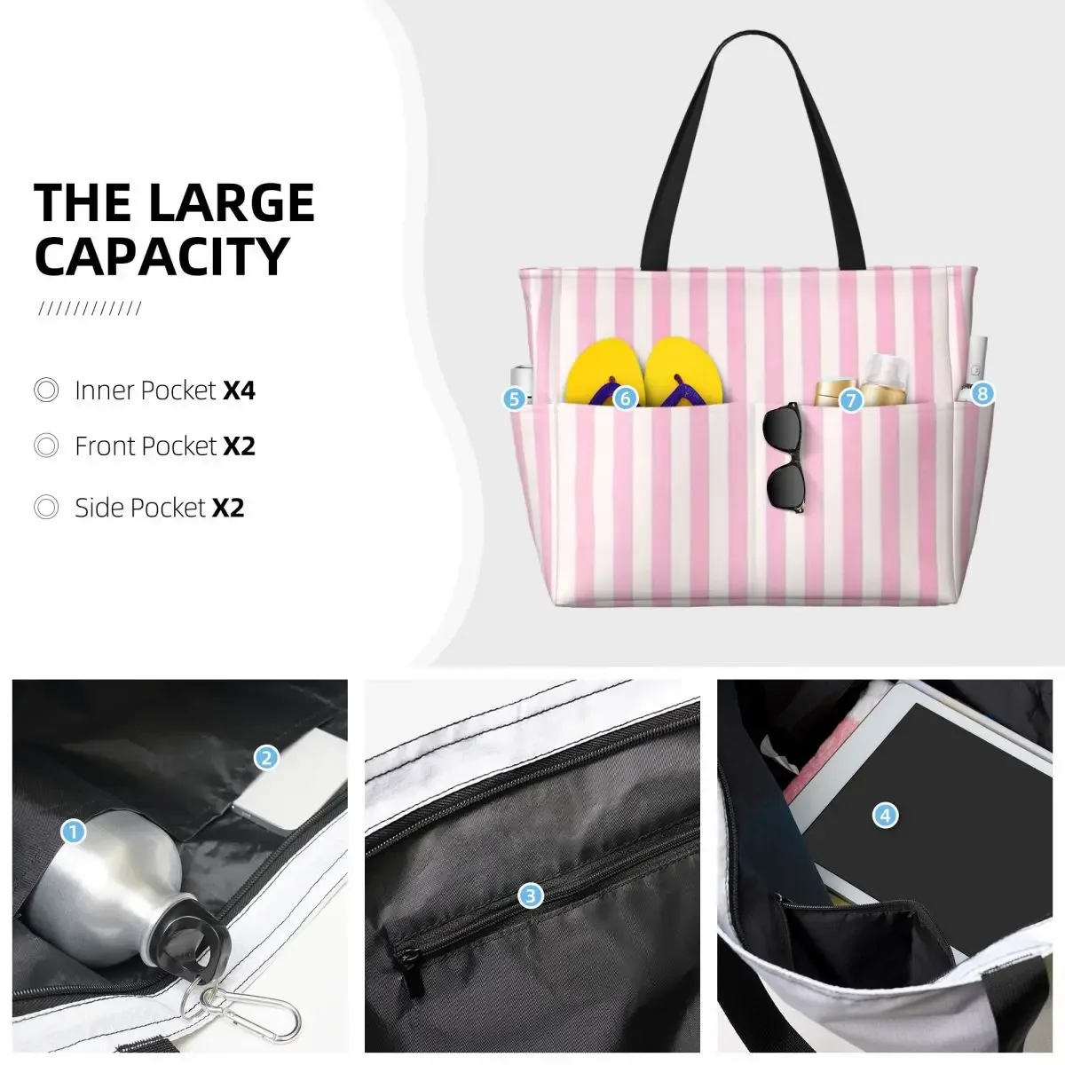Sac fourre-tout de plage à rayures blanches et rose pâle, sac de sport, de yoga, grand sac fourre-tout pour femmes, sac de voyage, sac de fitness