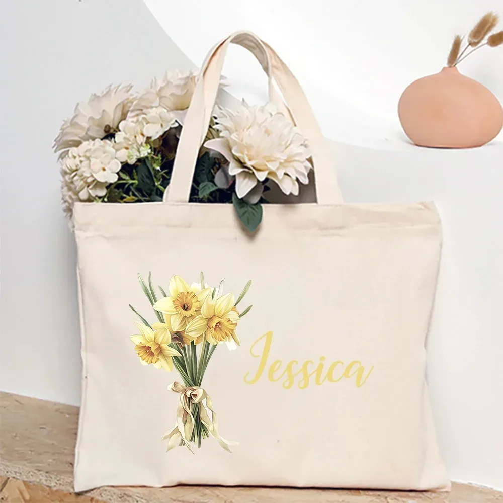 sac à bandoulière personnalisé avec fleur du mois de naissance et nom, sac fourre-tout en toile monogramme, idéal pour mariage, anniversaire, fête, meilleur cadeau pour elle
