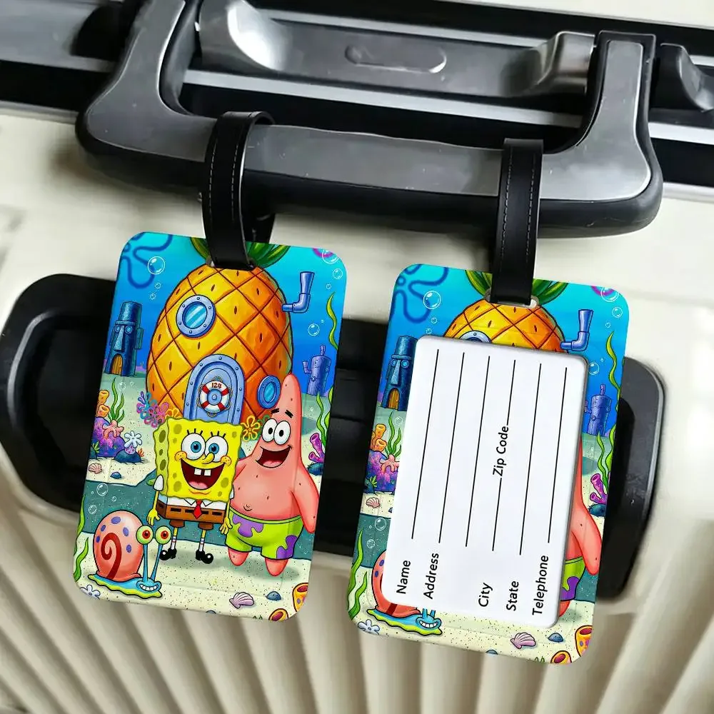 étiquette d'identification de bagage anti-perte en pvc, motif classique de dessin animé s-spongebob, avec porte-carte d'informations amovible, étiquette de bagage de voyage.