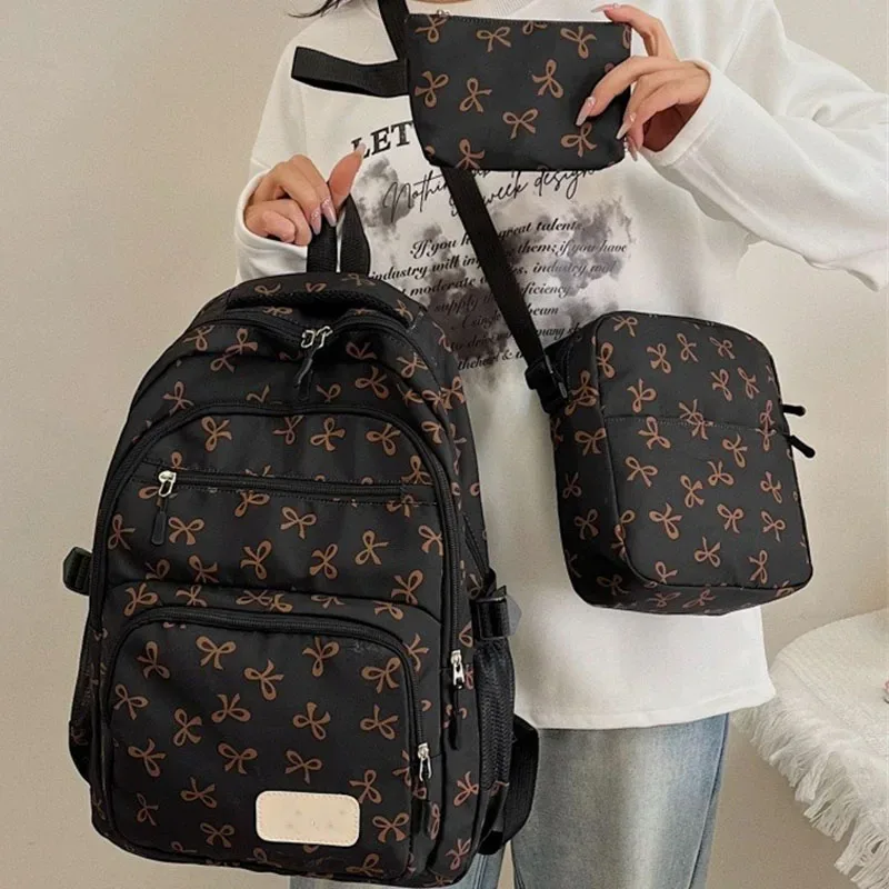 ensemble de 3 pièces de sac à dos mignon de grande capacité, mode coréenne, sac imprimé avec nœud, sacs en nylon, cartable d'étudiant, sac à dos de voyage à sangle réglable