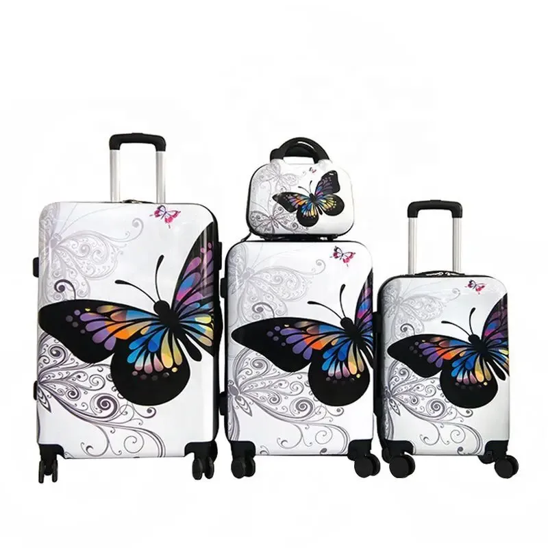 Valise à roulettes silencieuse pour femmes, valise légère à roulettes, valise à motif papillon pour dames, serrure TSA avec boîte de maquillage