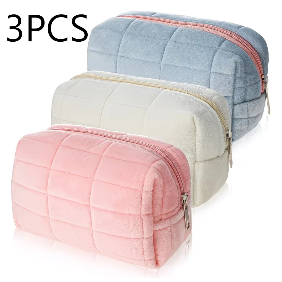 ensemble de 3 sacs à maquillage en peluche, sac à maquillage à carreaux, trousse de toilette de voyage à fermeture éclair de grande capacité, sac de rangement multifonctionnel portable, pochette de rangement mignonne pour pinceaux de maquillage, adapté aux femmes, rose, bleu, blanc