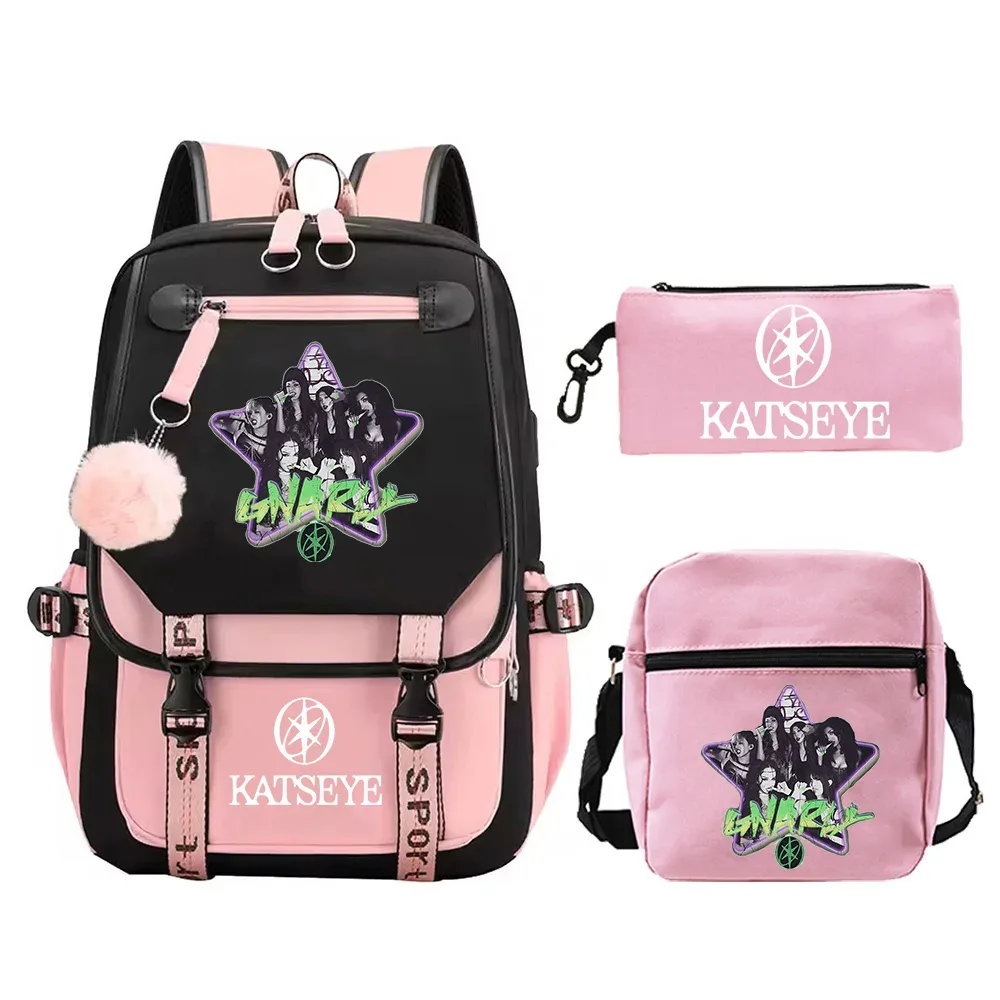 ensemble de 3 sacs à dos kpop katseye pour garçons et filles, cartable avec boîte à lunch, trousse à crayons, sac à livres pour étudiants, sac à dos de voyage pour adolescentes et femmes