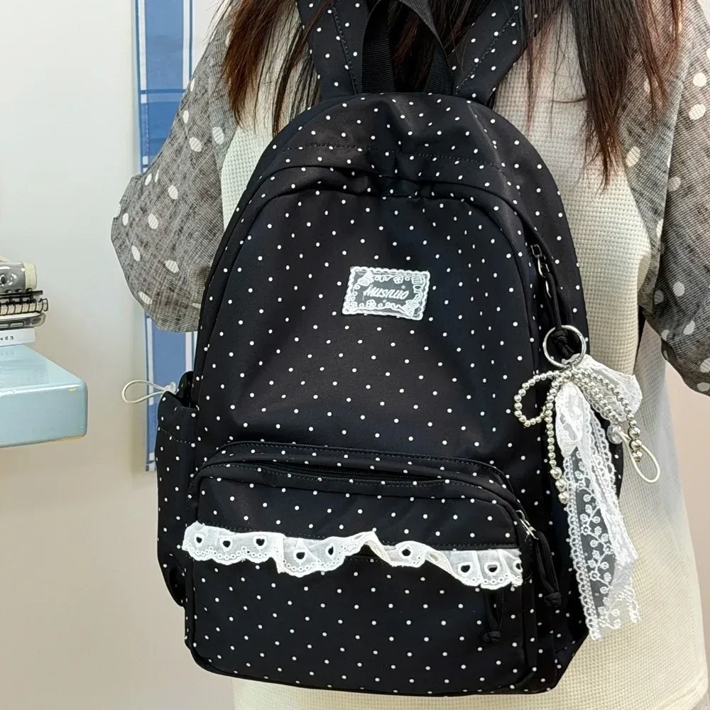 sac à dos de voyage mignon à pois, grande capacité, avec dentelle, cartable d'étudiant, sac à dos multi-poches en nylon pour ordinateur portable