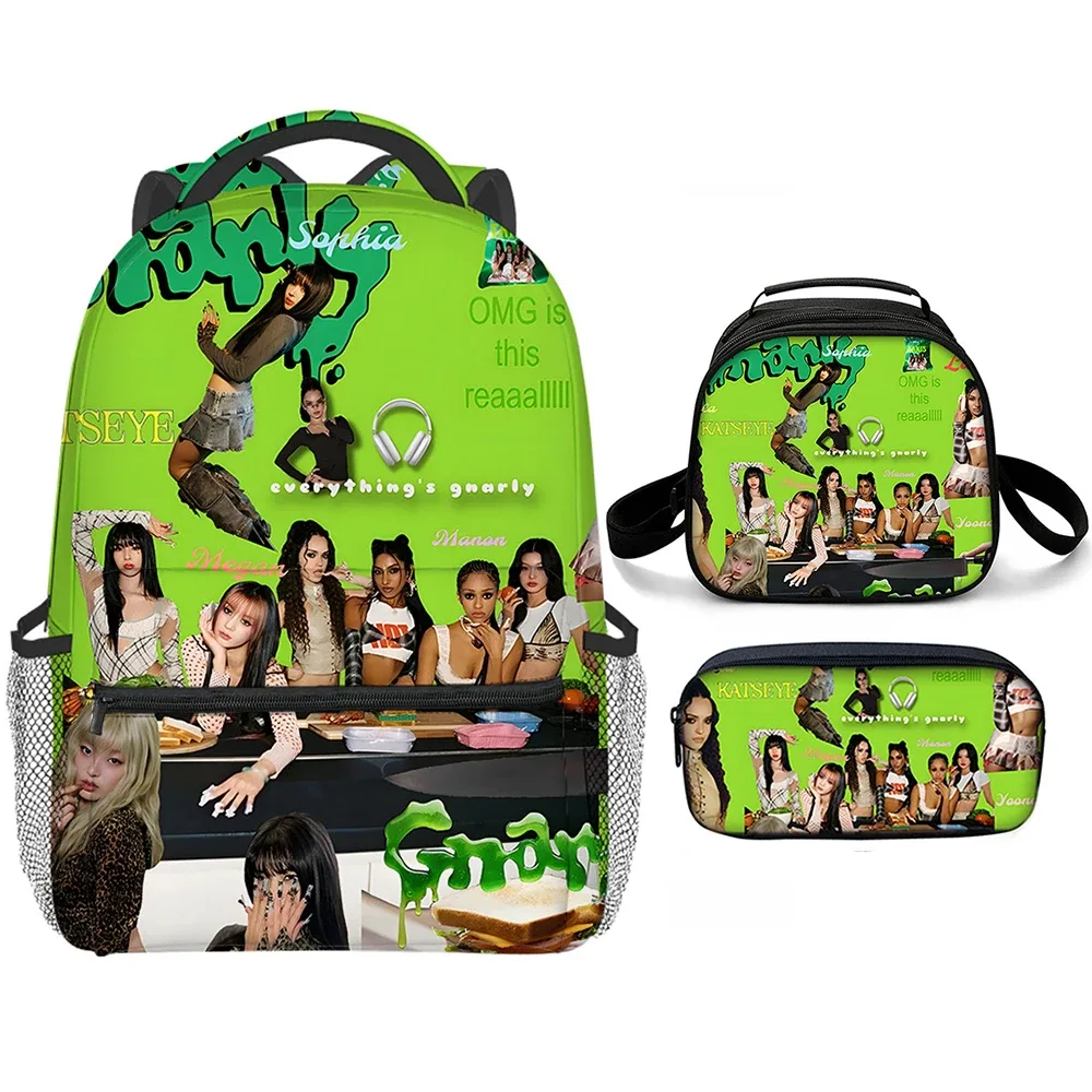 sacs d'école classiques populaires et amusants avec impression 3d katseye, 3 pièces/ensemble, sac à dos pour ordinateur portable, sac à dos de forme semi-circulaire, sac à déjeuner, trousse à crayons