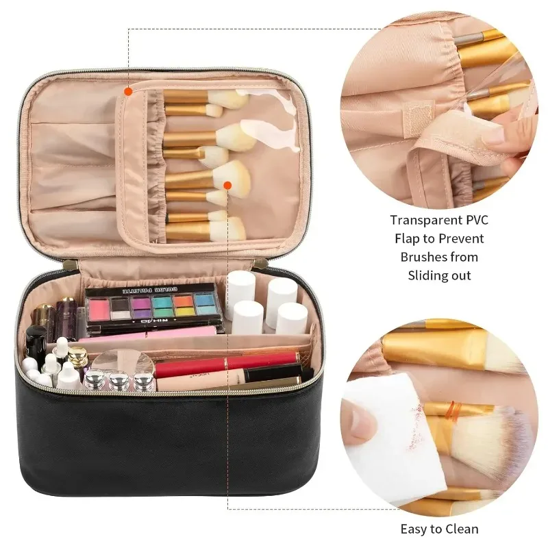 Grande trousse de maquillage de voyage pour femmes, organiseur de maquillage, sac cosmétique portable, trousse de toilette noire pour filles en voyage
