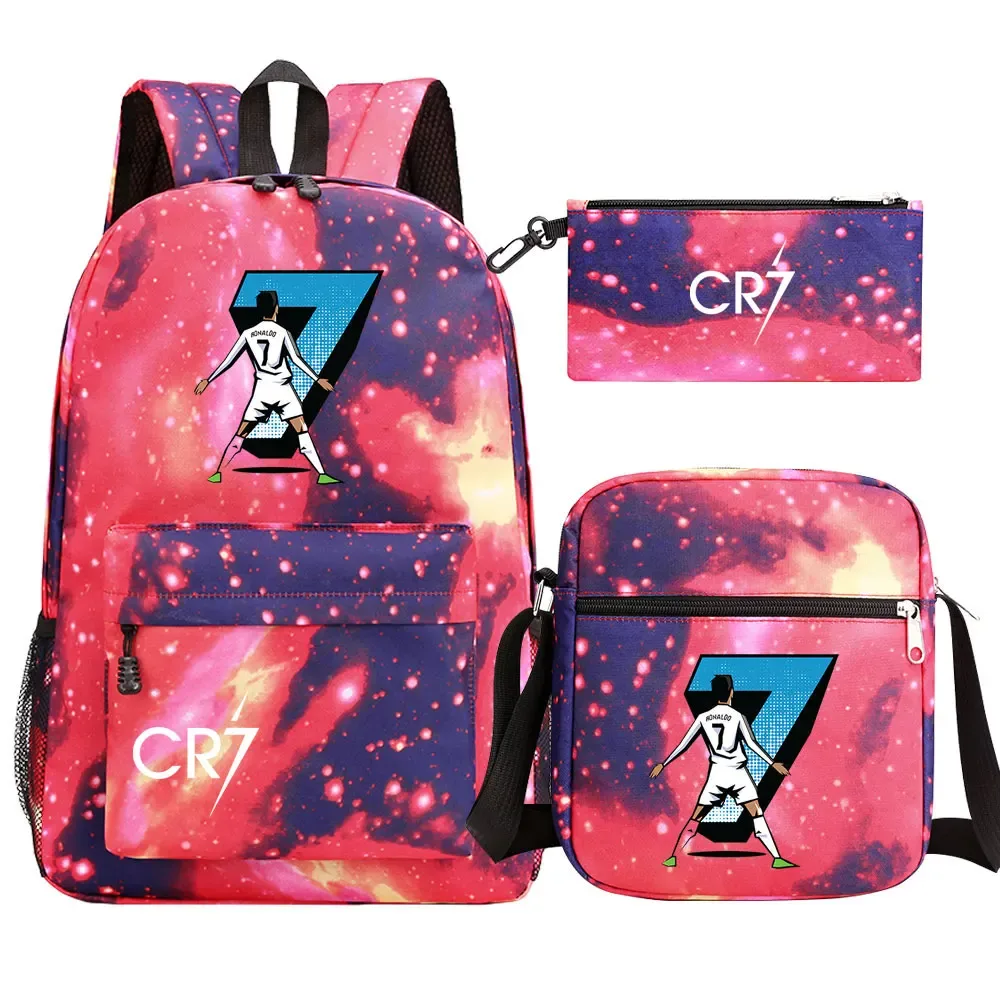 football star cr7 3 pièces garçon fille retour à l'école livre sacs, étudiant sac à bandoulière porte-crayon sac à dos, adolescents mochila hommes femmes