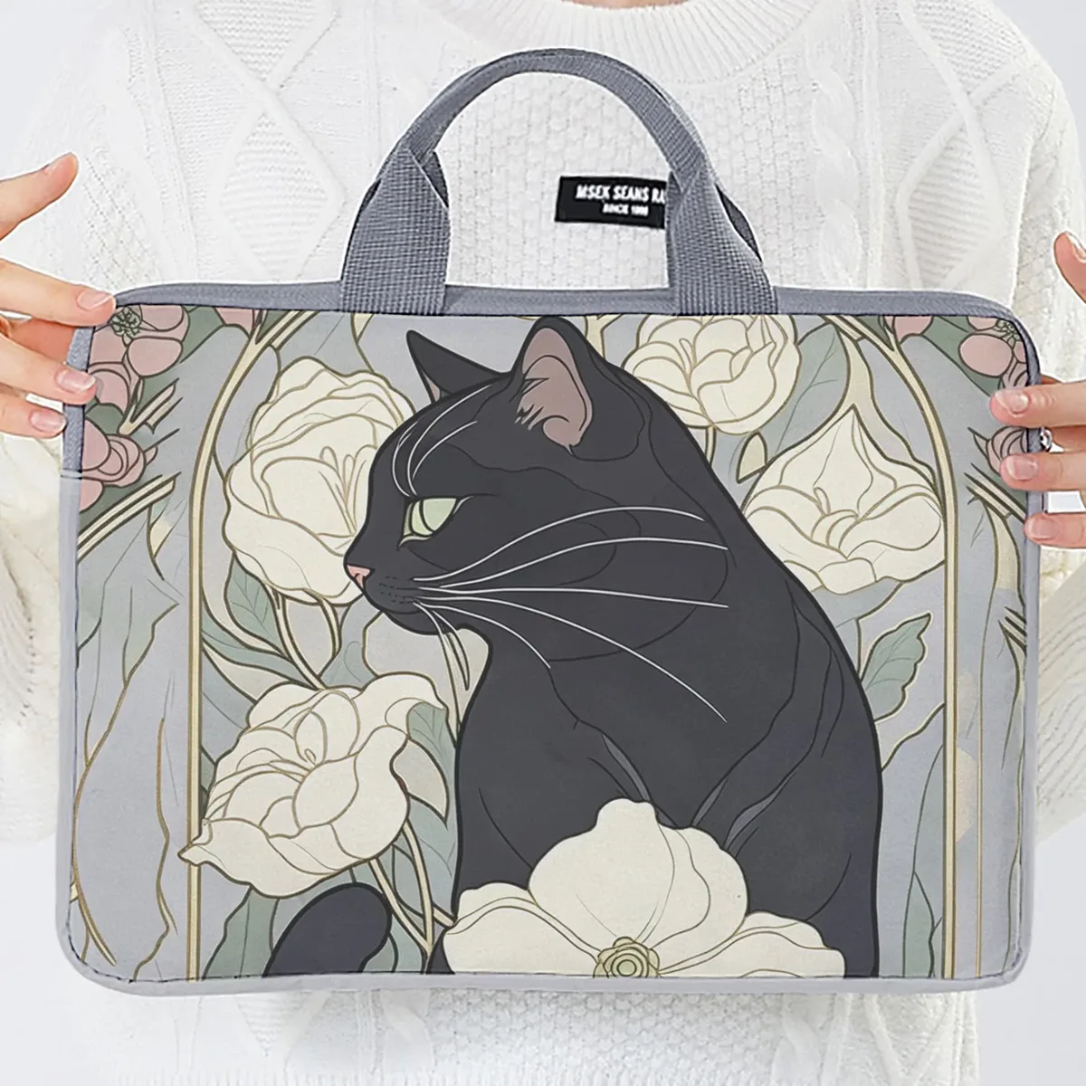 1 pièce, deux styles, sac pour ordinateur portable imprimé motif camélia et chat noir, housse souple en tissu pour ordinateur portable, convient aux ordinateurs portables de 14 pouces