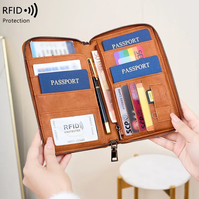 porte-passeports familial pour 5 personnes, en cuir, avec blocage rfid, porte-passeports multiple avec fermeture éclair, organiseur de documents de voyage