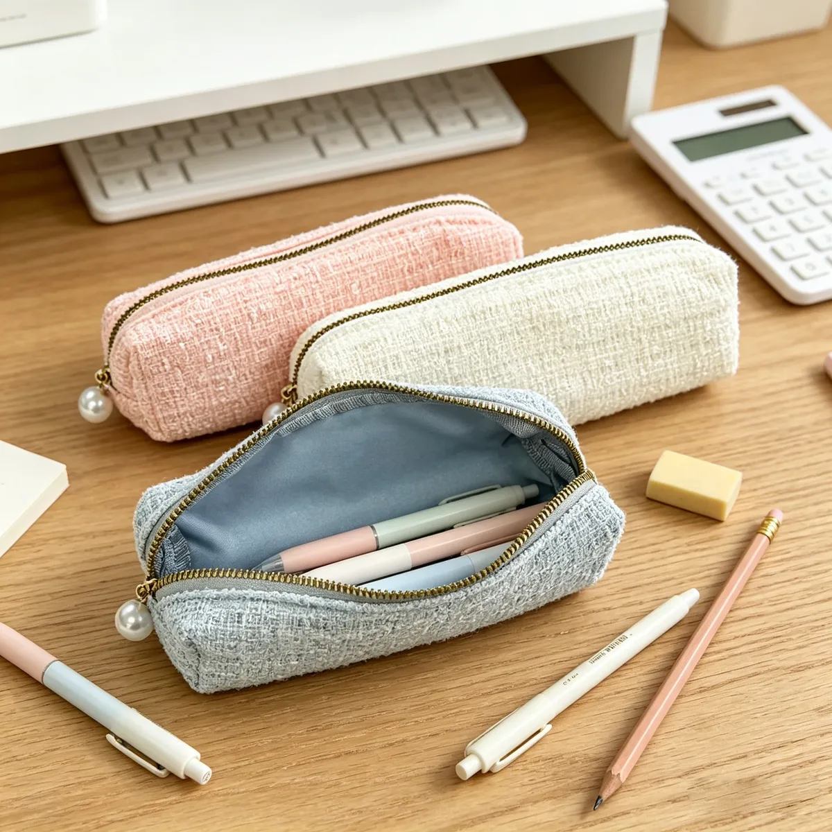 BUYLEMO Trousse de Maquillage et Étui à Crayons en Coton Tweed de Luxe, Organisateur 2-en-1 Style Seau pour Papeterie et Maquillage, Rangement Minimaliste Tendance