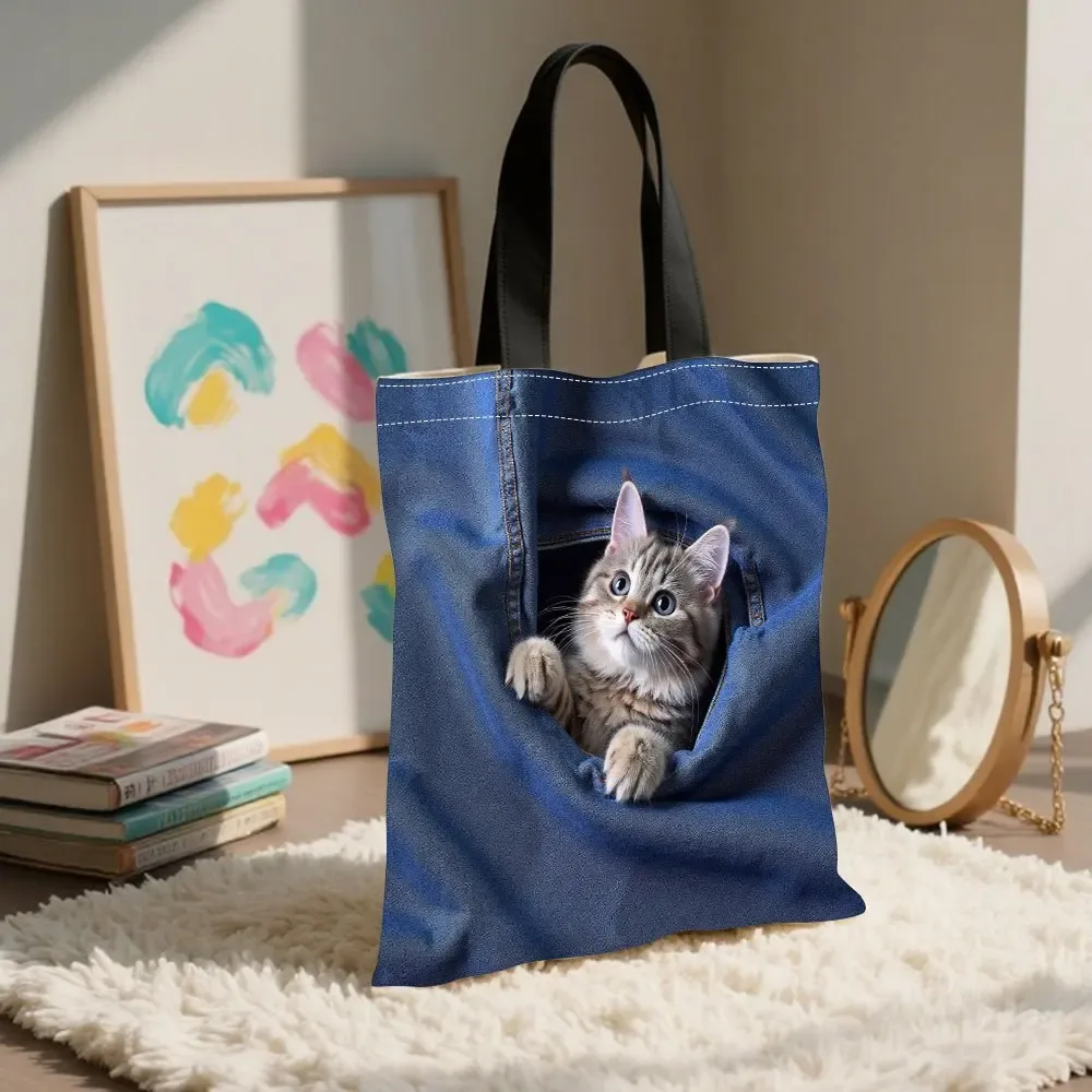 sac de rangement avec motif de chat qui fait la curieuse dans une poche de jean, sac à main mignon avec motif d'animal, sacs fourre-tout adaptés pour le shopping et les voyages, sac à bandoulière