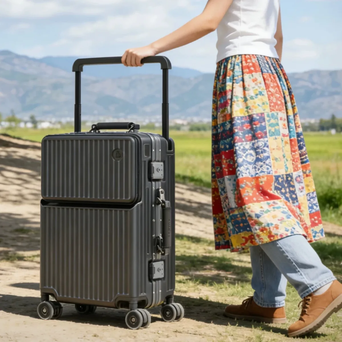 valise à ouverture frontale avec poignée large, cadre en aluminium, serrure tsa, coque rigide, bagage à roulet