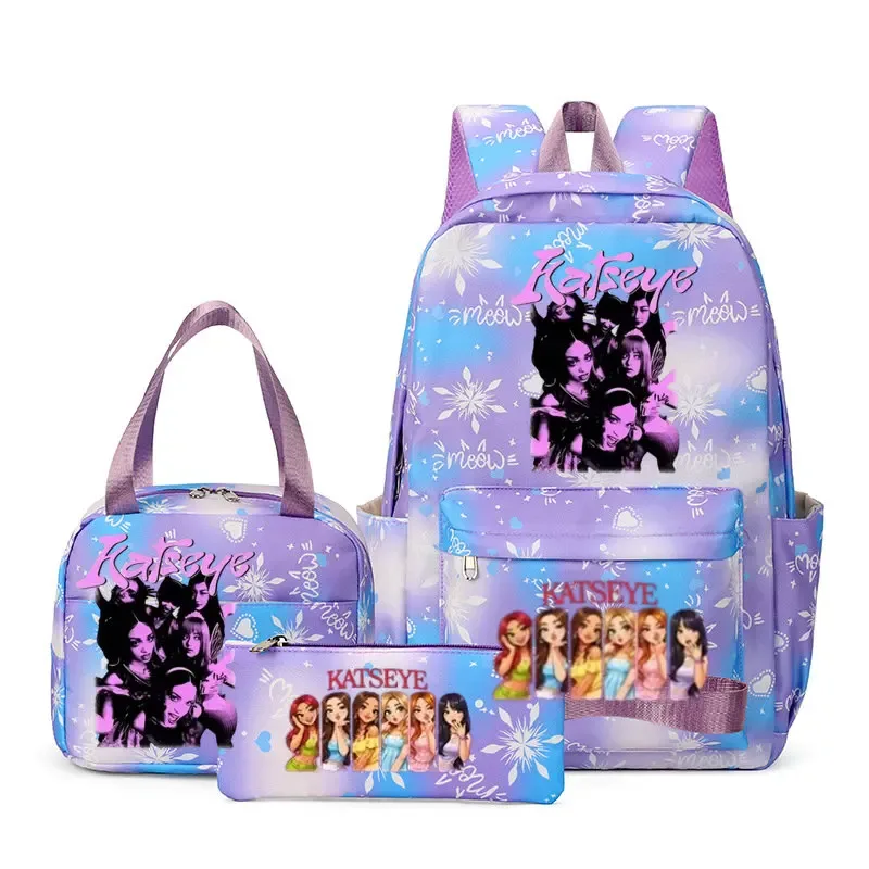 sacs à dos katseye à imprimé amusant, ensemble de 3 pièces, sacs d'école en nylon pour ordinateur portable pour femmes, pour adolescentes, garçons, étudiants, enfants, kawaii