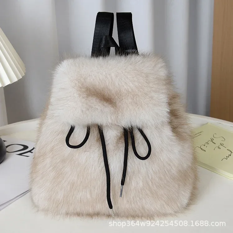 y2k sac à dos en peluche femmes petit mignon cordon léopard moelleux sac solide doux polaire sac à dos hiver chaud fausse fourrure mini sac à dos