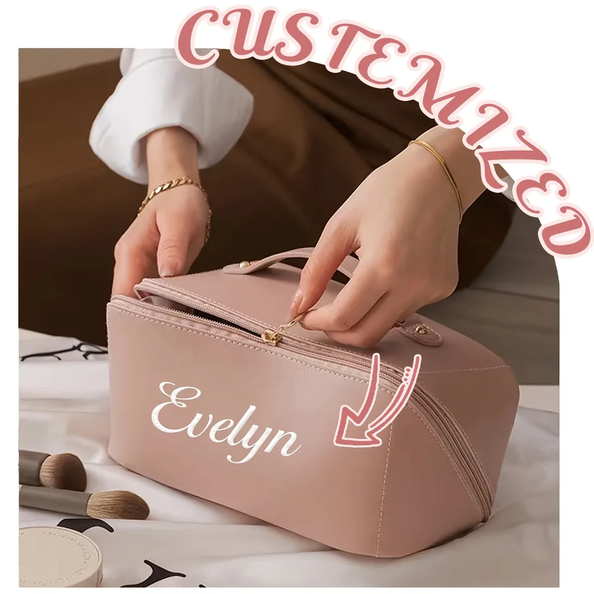 Sac de maquillage portable grande capacité personnalisable pour femme, trousse de toilette de voyage, organiseur de cosmétiques, facile et tendance