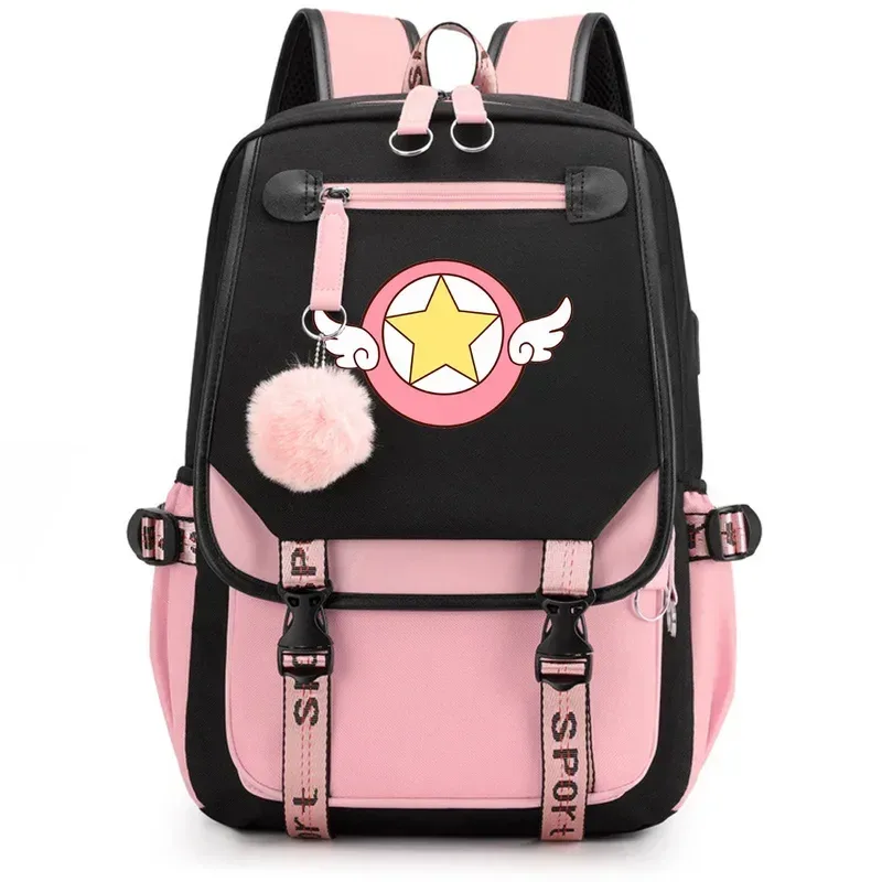 anime carte captor sakura sac à dos en nylon livre scolaire étudiant sacs de voyage ordinateur portable décontracté port usb sac de messager