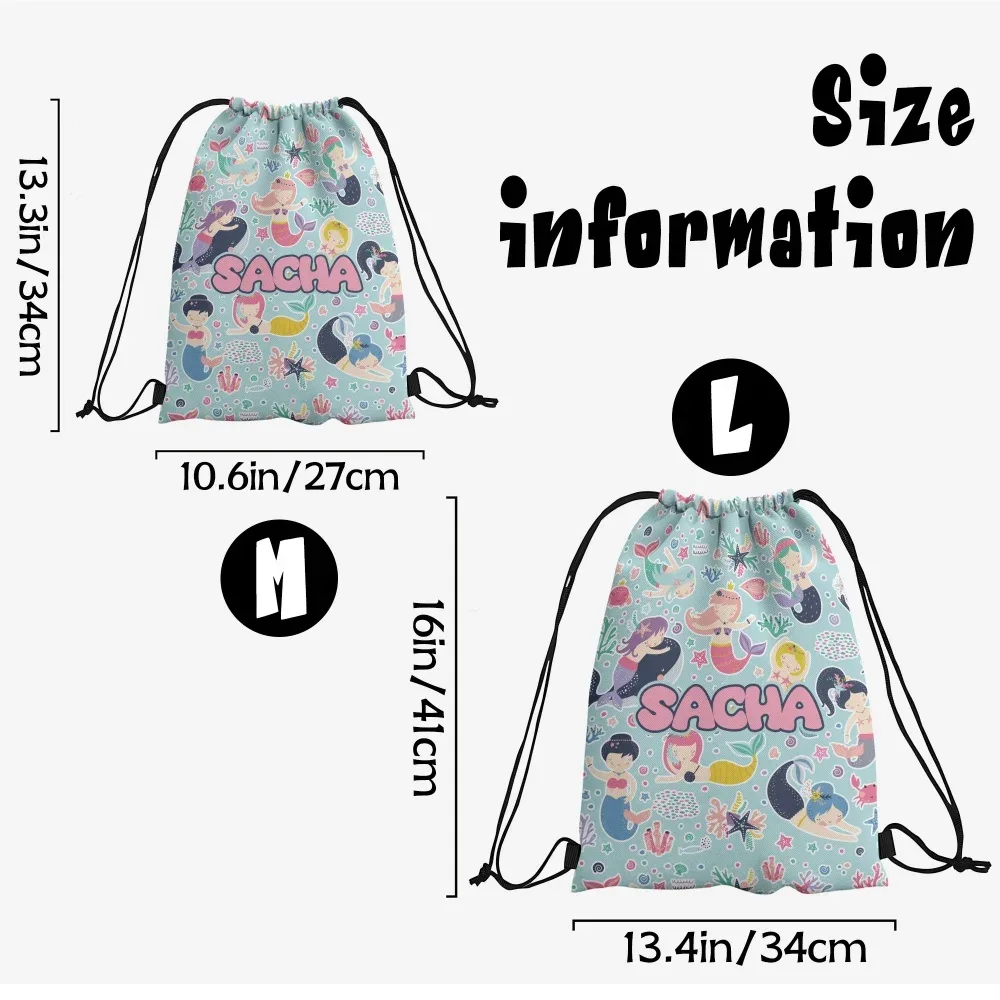 sac à dos à cordon de serrage personnalisé avec nom de créature marine sirène, sac de sport personnalisé 4 couleurs pour enfants, cadeau de fête d'anniversaire, de sport ou de plage