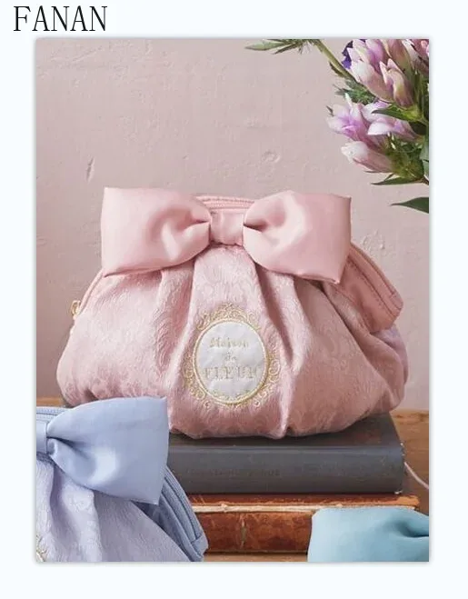 sacs à cosmétiques en tissu jacquard pour femmes, broderie, nœud mignon, sac de rangement décontracté doux pour dames, style japonais, nouveau, 2025