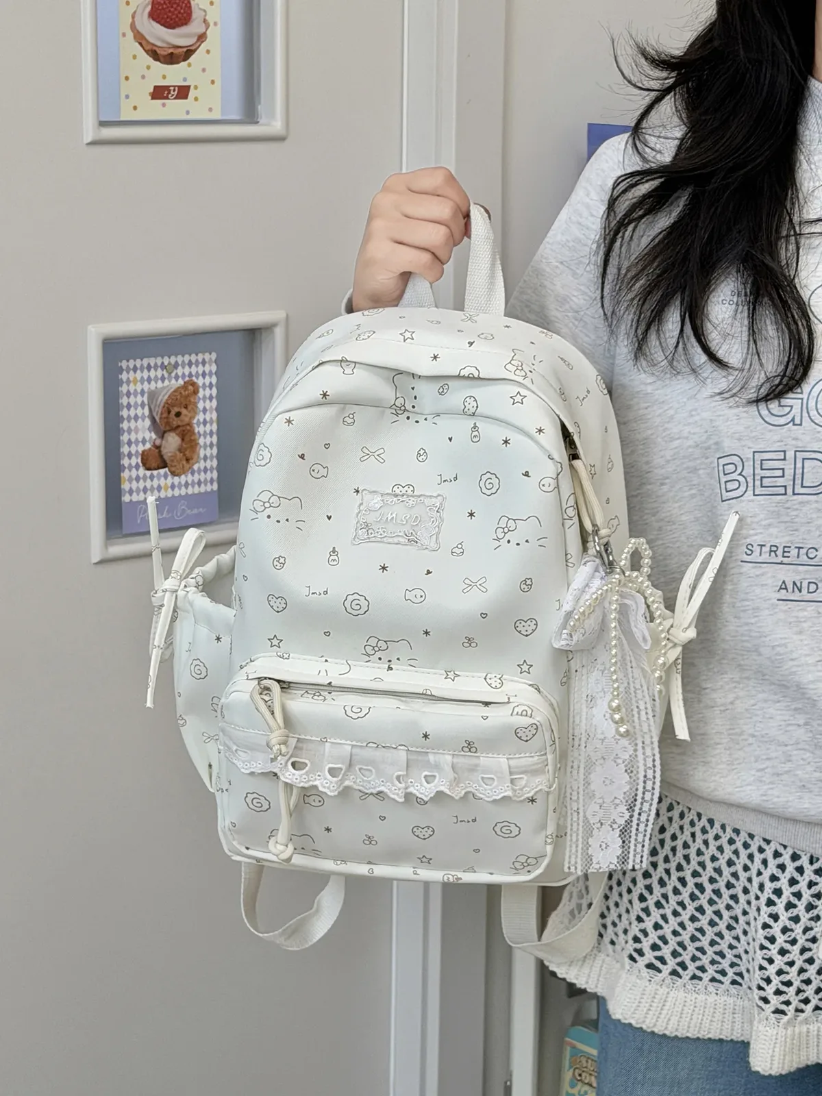 sacs à dos en dentelle pour femmes, 2 tailles, avec pendentifs perlés, sacs d'école imprimés de dessins animés mignons, mini sac à dos de voyage pour dames