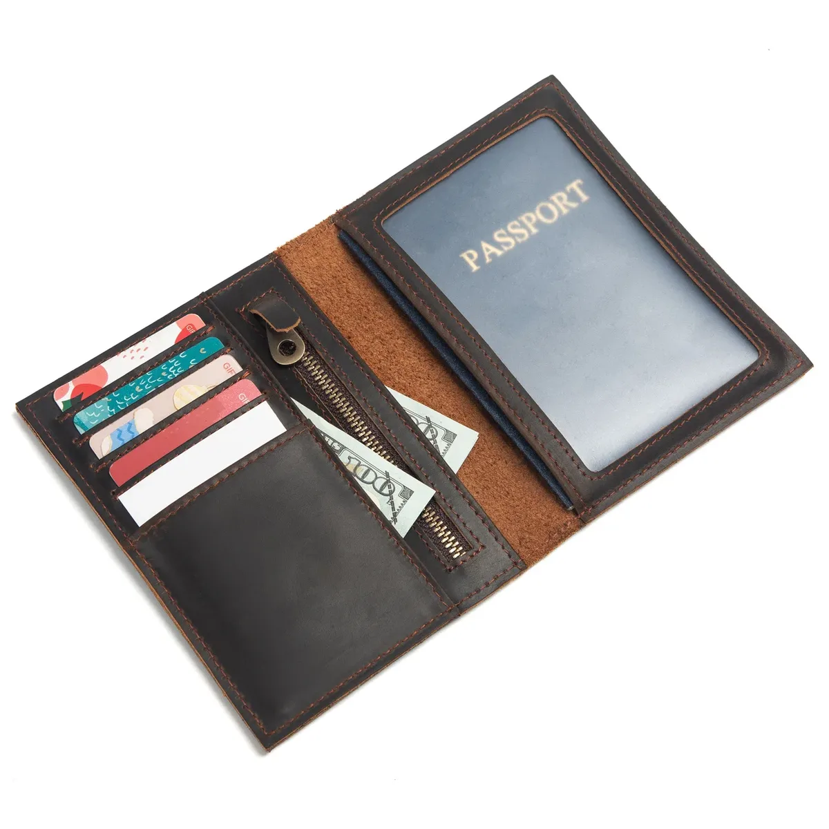 porte-passeport tout-en-un en cuir - portefeuille de voyage avec fermeture éclair et emplacements pour cartes, organiseur de documents durable pour les voyages et les affaires
