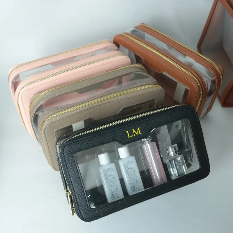 Sac de lavage portable de voyage étanche en TPU Transparent, sac de rangement en cuir véritable, sac à cosmétiques double couche