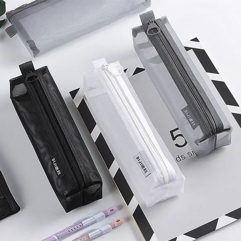 1pc sacs de maquillage étui blanc gris noir grande capacité mash transparent pinceaux cosmétiques sacs étudiants longue style trousse à crayons en nylon