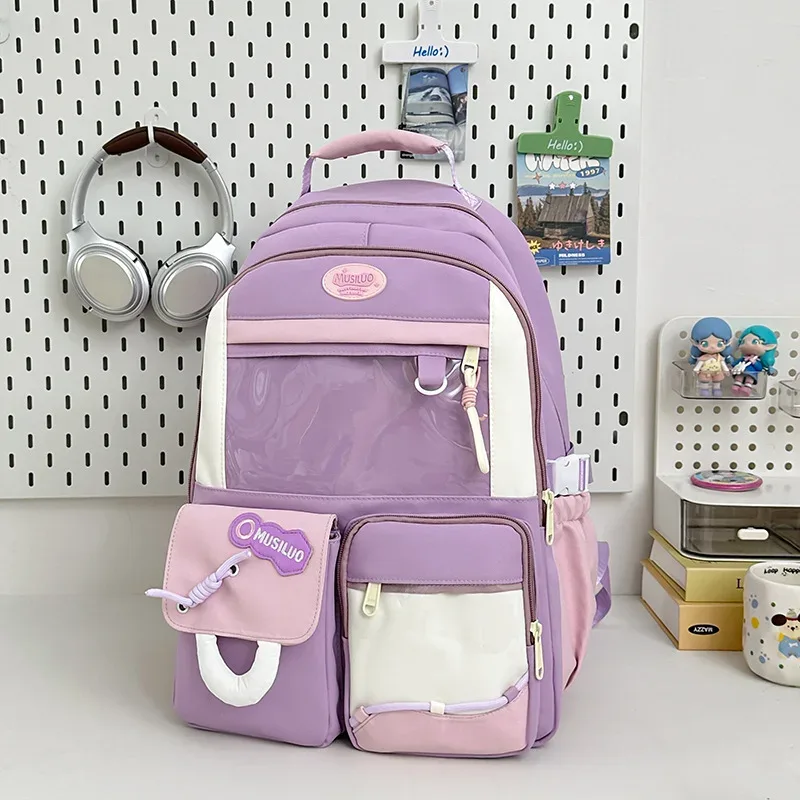 sac à dos scolaire grande capacité en nylon, imperméable et résistant à l'usure, pour filles du collège, léger et élégant