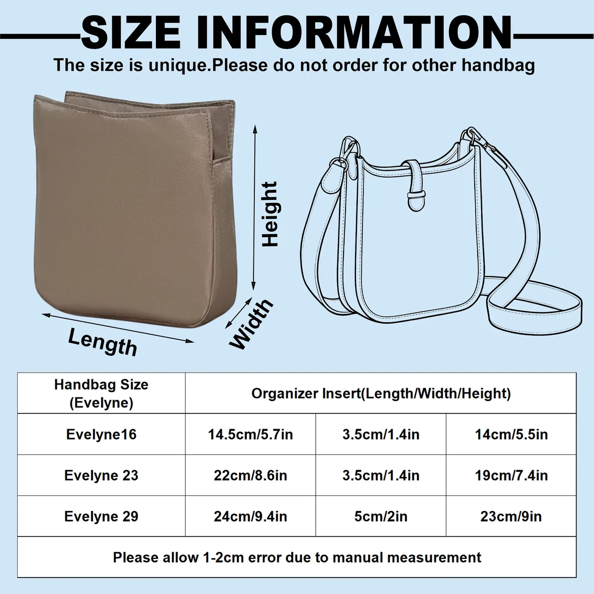 Organisateur de sac à main, insert pour sac à main Hermes Evelyne 16/23/29, gris, avec fermeture éclair, doublure intérieure, insert organisateur pour sac dans sac