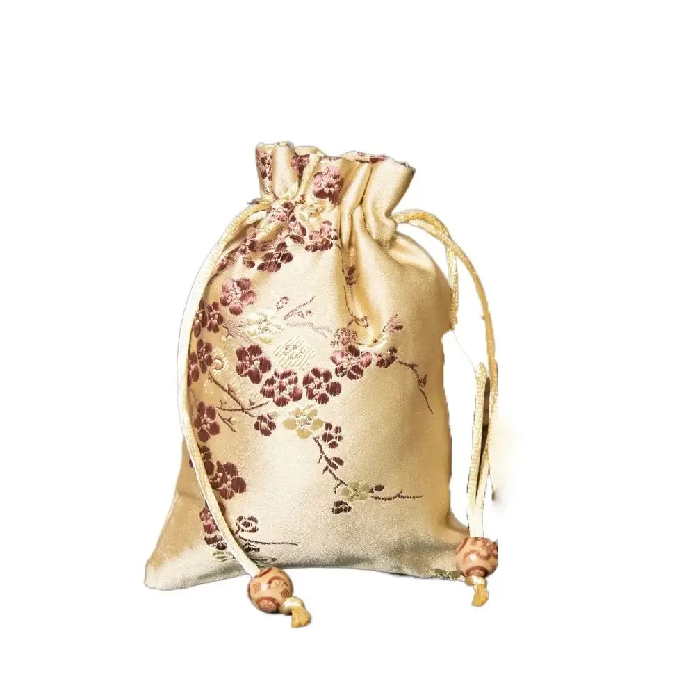 sac de rangement rétro en satin, sac cadeau à cordon brodé de fleurs, cravate à cordon de serrage, sachet pour femmes et enfants