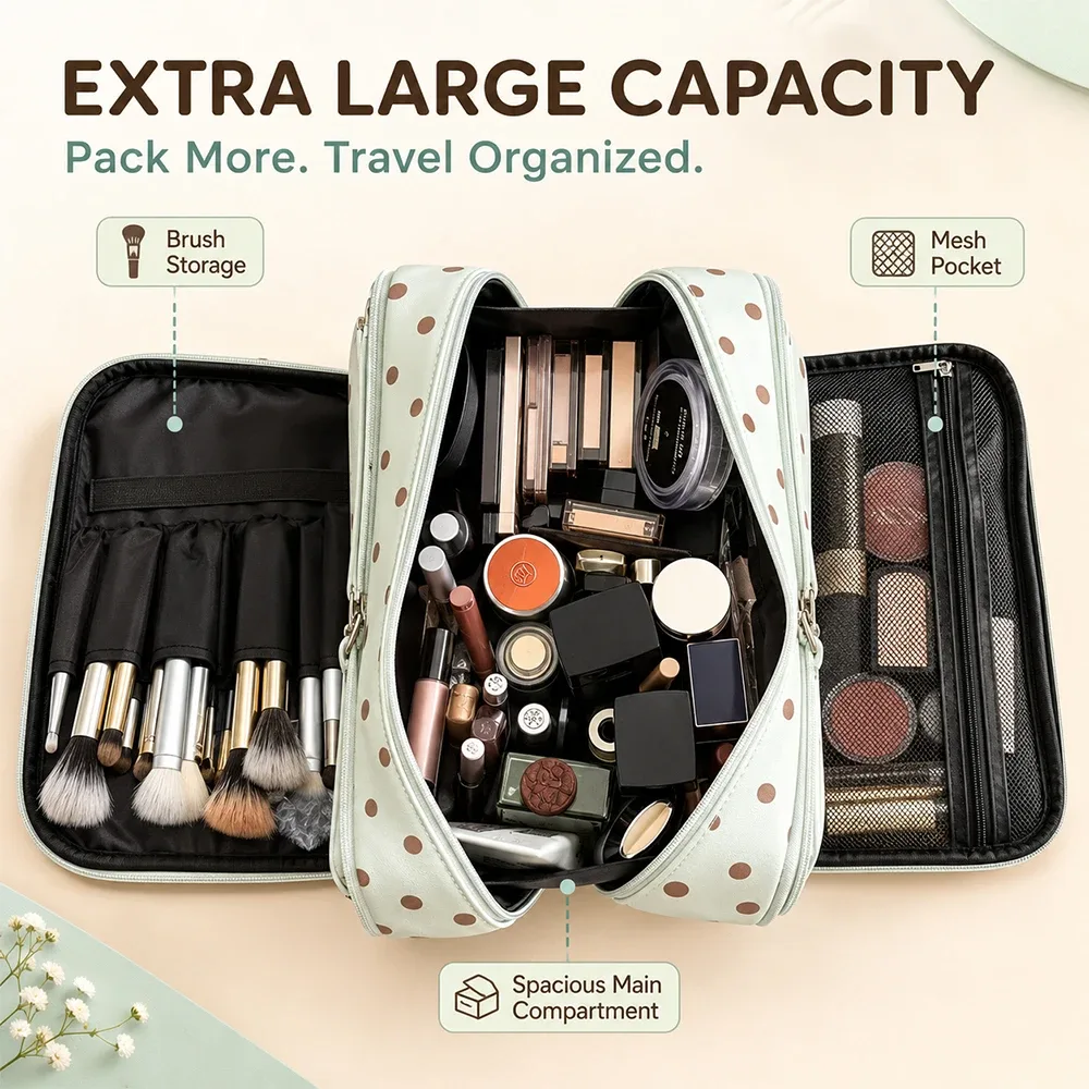 sac de maquillage à pois mignon, trousse de toilette de voyage grande capacité, sac cosmétique multi-poches à 3 niveaux pour les soins de la peau et les pinceaux cosmétiques