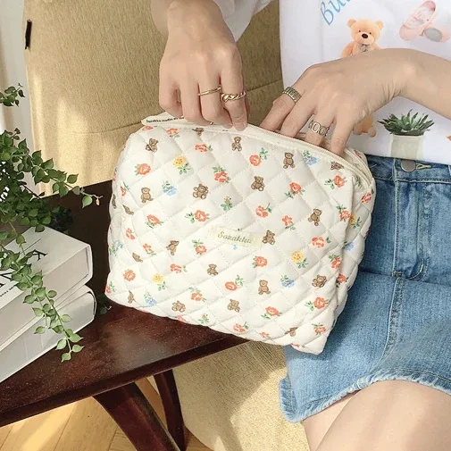 sac de rangement de voyage en coton matelassé pour femmes, sacs à cosmétiques rétro cerise, design mignon, trousse à crayons pour filles, trousse de maquillage, sacs à main