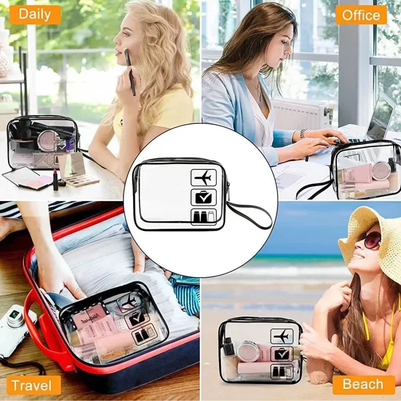 sac à cosmétiques de voyage transparent noir, trousse de toilette imperméable en pvc, nouveau sac de rangement de maquillage, sac de lavage portable à fermeture éclair transparente