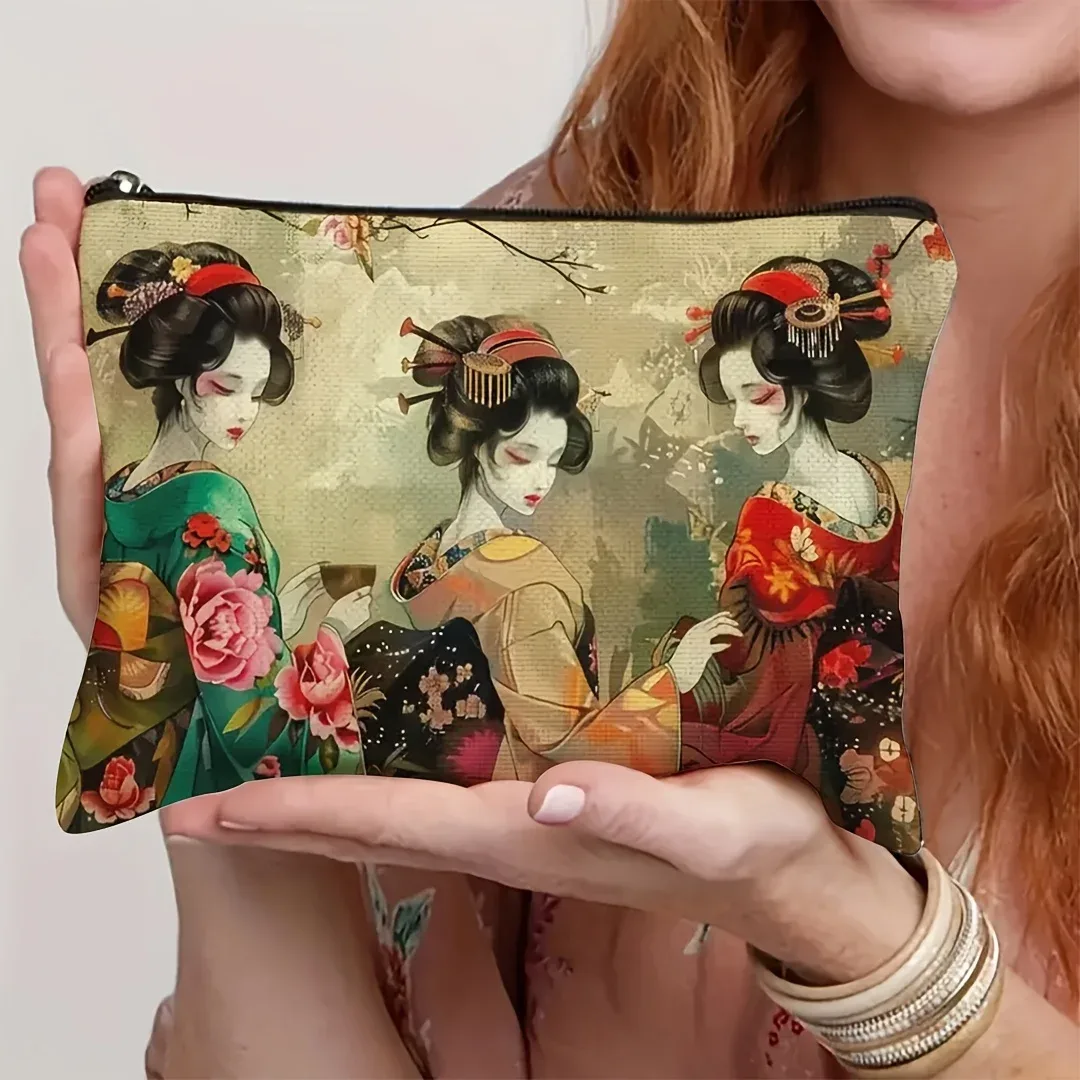 sac de maquillage de style japonais rétro, pochette cosmétique avec motif floral traditionnel kimono, parfait pour les voyages, les activités professionnelles et les activités de plein air