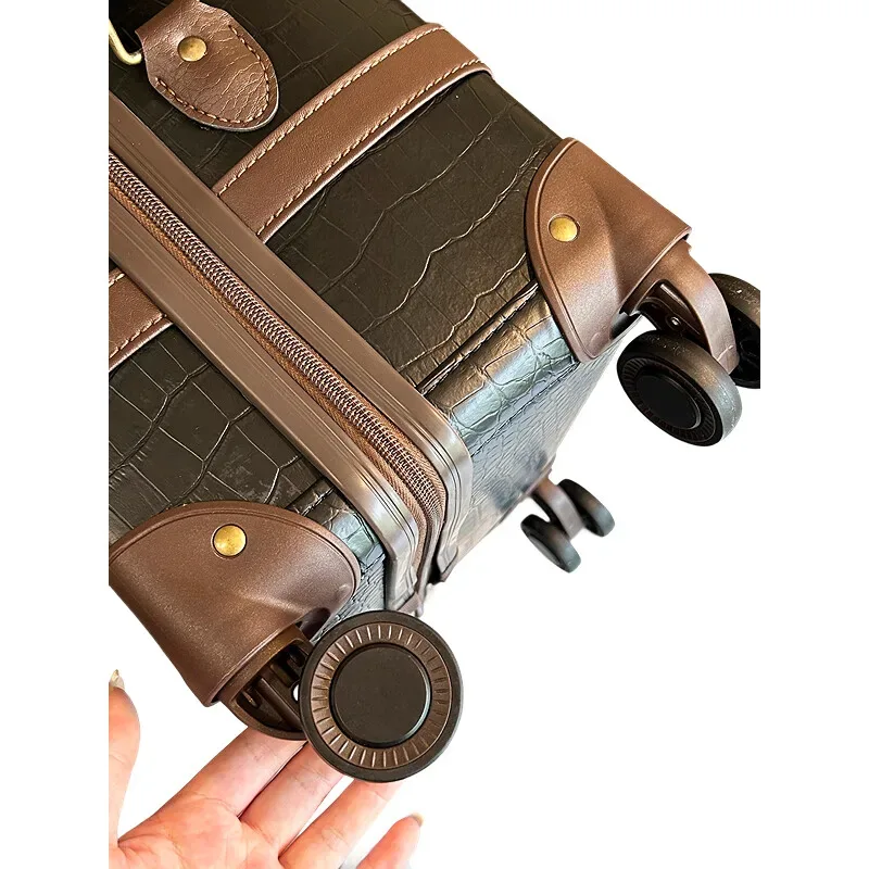 bagage en pu texture crocodile vintage, valise à main de 20 pouces, valise à carreaux de 24/26 pouces, roues spinner de grande capacité, durables pour les entreprises