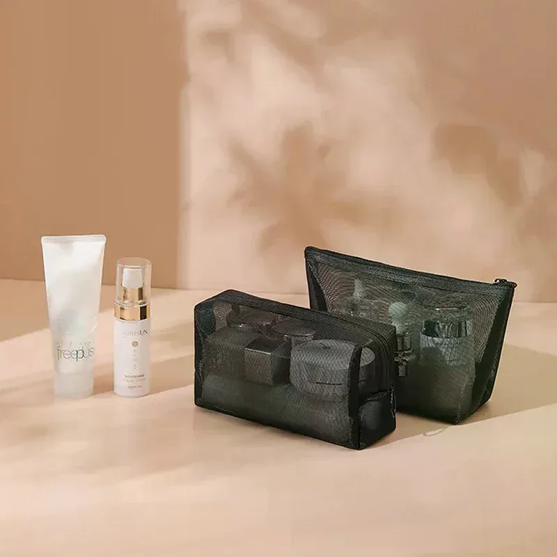 sacs à cosmétiques transparents en maille portables, petit grand sac de maquillage noir, étui de rangement de toilette de voyage, pochette de rangement de rouge à lèvres
