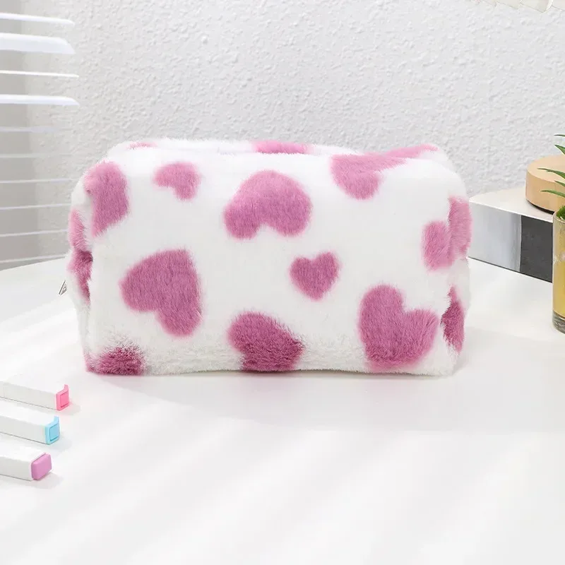 sac à cosmétiques d'amour mignon, trousse de toilette en peluche douce pour fille, rangement de voyage, pochette de rangement de maquillage, trousse à crayons pour étudiant