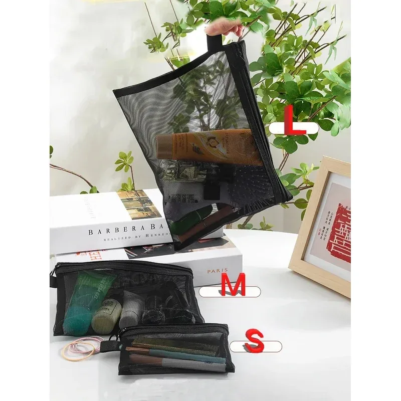 sacs cosmétiques transparents en maille pour femmes, trousse de maquillage noire, trousse de toilette portable, organiseur de voyage, pochette de rangement pour rouge à lèvres, cadeau
