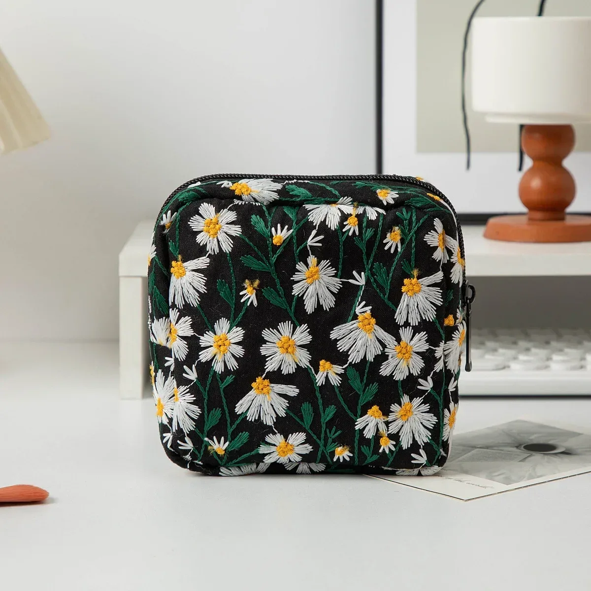 sac à cosmétiques brodé de fleurs, organisateur de maquillage en toile à fermeture éclair, pochette de rangement de voyage, trousse de beauté pour femmes