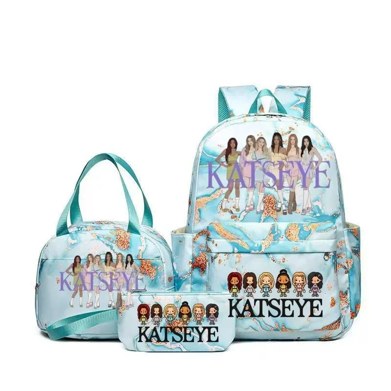 sacs à dos katseye à imprimé amusant avec sacs à lunch, multi-poches, camouflage, pour adolescents, sac à dos de voyage pour ordinateur portable, sac d'école pour femmes, mochila
