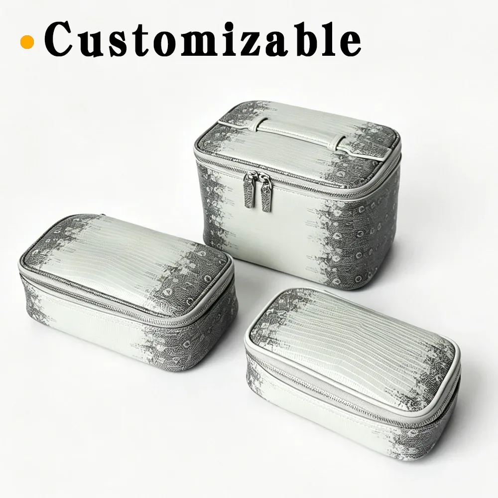 trousse de maquillage quotidienne en cuir de vachette grain lézard teinte himalaya pour femmes, légère et durable avec fermeture éclair