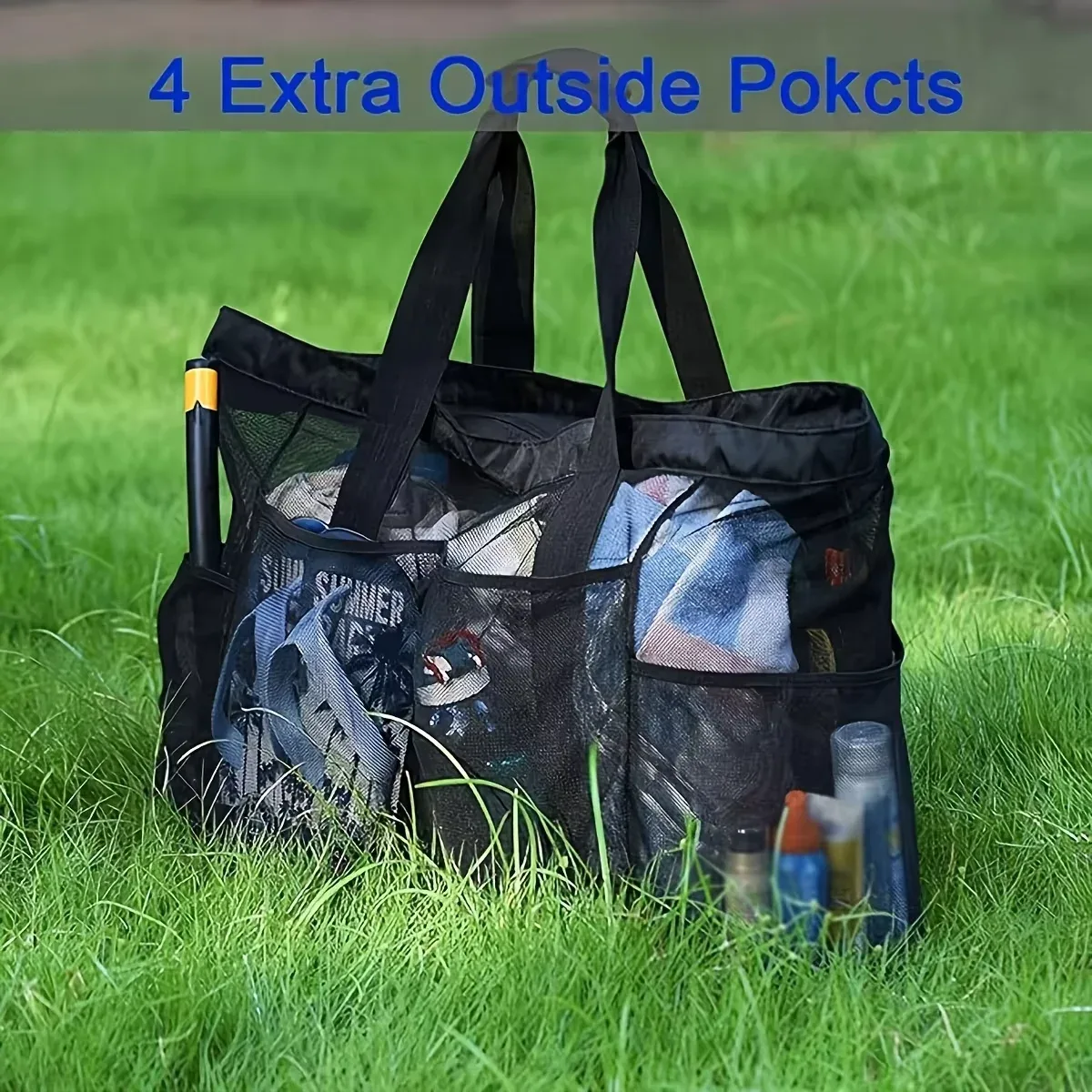 Sac de plage en maille extra large, fourre-tout respirant en maille avec fermeture éclair et poches latérales, sac de rangement portable de grande capacité